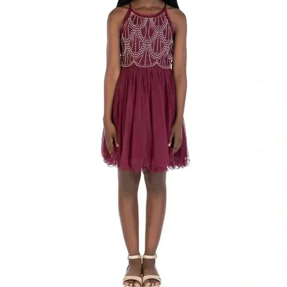 SPEECHLESS MAROON RHINESTONE BODICE SPECIAL OCCASION DRESS